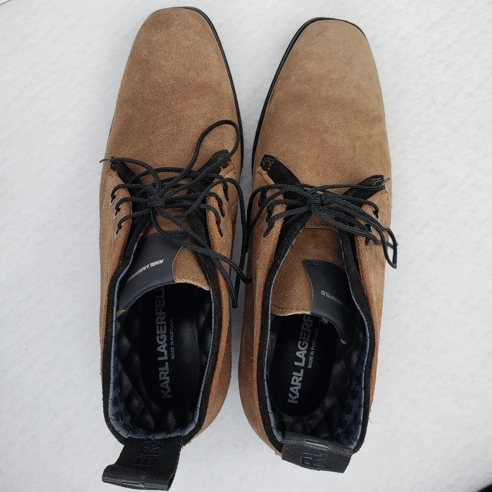 Karl Lagerfeld Mens Cognac Suede Chukka Black Charcoal Burnish Boots Sz 8
